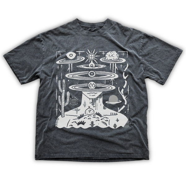 Dark gray t-shirt with white graphic design on a white background